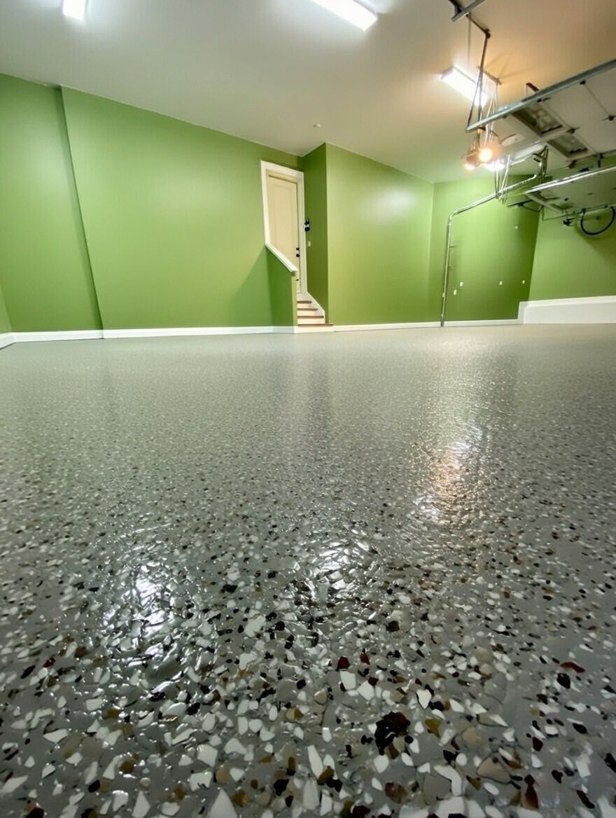 Flake epoxy floor coating installed on a garage floor in Dallas Fort Worth TX
